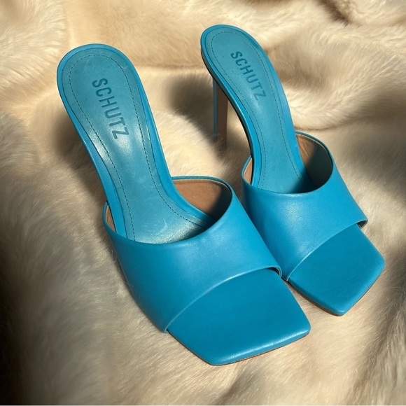 NEW Schutz Azure Blue Sandals Leather Walkable Heels Colorful Comfy Mules - Picture 9 of 10